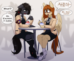 Size: 1715x1400 | Tagged: safe, artist:replica, oc, oc only, oc:red stroke, oc:replica, earth pony, pegasus, anthro, awkward, awkward smile, cafe, clothes, dialogue, duo, female, korean, lesbian, oc x oc, redlica, school uniform, shipping, smiling, sweden, translated in the comments