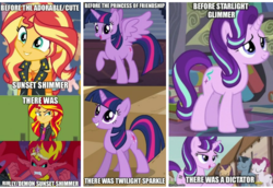 Size: 720x495 | Tagged: safe, edit, edited screencap, screencap, amethyst skim, starlight glimmer, sunset shimmer, twilight sparkle, alicorn, pony, unicorn, a canterlot wedding, equestria girls, equestria girls series, g4, my little pony equestria girls, rollercoaster of friendship, the crystalling, the cutie map, before and after, bully, caption, cropped, crown, cute, cutie mark, equal cutie mark, female, geode of empathy, image macro, jewelry, mane, mare, meme, necklace, our town, raised hoof, regalia, sharp teeth, smiling, spread wings, sunset satan, teeth, twilight sparkle (alicorn), unicorn twilight, wings