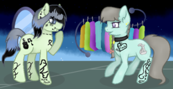Size: 619x323 | Tagged: safe, artist:colordroplovelyart, oc, oc only, oc:southern ballroom, oc:southern gothic, earth pony, pony, icey-verse, clothes, clothes hanger, clothes line, clothes rack, duo, dyed mane, ear piercing, earring, face tattoo, female, hair dye, jewelry, lip piercing, magical lesbian spawn, mare, mirror, next generation, offspring, parent:beauty brass, parent:fiddlesticks, parents:fiddlebrass, piercing, shopping, sisters, snake bites, solo, tattoo