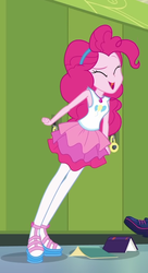 Size: 551x1016 | Tagged: safe, screencap, pinkie pie, sci-twi, twilight sparkle, equestria girls, equestria girls series, g4, stressed in show, stressed in show: pinkie pie, clothes, cropped, eyes closed, female, geode of sugar bombs, in which pinkie pie forgets how to gravity, offscreen character, pantyhose, pinkie being pinkie, pinkie physics, rah rah skirt, sandals, shoes, skirt, solo focus, tank top, yay, yelling