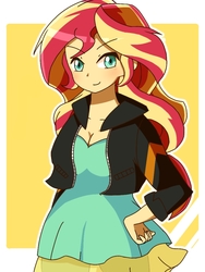 Size: 768x1024 | Tagged: safe, artist:erufi, sunset shimmer, human, equestria girls, g4, clothes, female, jacket, leather jacket, looking at you, simple background, solo