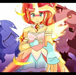 Size: 1024x1012 | Tagged: safe, artist:erufi, sunset shimmer, human, pony, unicorn, equestria girls, g4, artificial wings, augmented, clothes, daydream shimmer, dress, gloves, looking at you, magic, magic wings, ponied up, sunset satan, wings