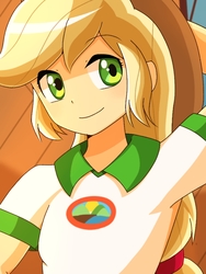 Size: 768x1024 | Tagged: safe, artist:erufi, applejack, equestria girls, g4, my little pony equestria girls: legend of everfree, applejack's hat, camp everfree outfits, cowboy hat, cute, female, hat, looking at you, solo