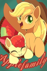 Size: 720x1084 | Tagged: safe, artist:erufi, apple bloom, applejack, earth pony, pony, g4, adorabloom, bow, cowboy hat, cute, eyes closed, female, filly, hair bow, hat, looking at you, mare, sisters, waving