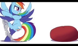 Size: 1430x853 | Tagged: safe, artist:erufi, rainbow dash, pegasus, pony, g4, backwards cutie mark, beanbag chair, female, mare, simple background, solo, white background