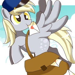 Size: 768x768 | Tagged: safe, artist:erufi, derpy hooves, pegasus, pony, g4, female, letter, mail, mailbag, mare, solo