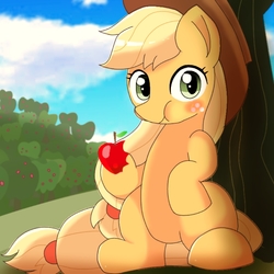 Size: 983x983 | Tagged: safe, artist:erufi, applejack, earth pony, pony, g4, apple, apple tree, applejack's hat, cowboy hat, cute, eating, female, food, hat, herbivore, looking at you, solo, tree