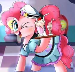 Size: 800x768 | Tagged: safe, artist:erufi, pinkie pie, pony, coinky-dink world, eqg summertime shorts, equestria girls, g4, clothes, cute, diapinkes, drink, equestria girls outfit, equestria girls ponified, female, hoof hold, mare, milkshake, one eye closed, ponified, server pinkie pie, solo, tray, waitress, wink