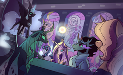 Size: 1801x1101 | Tagged: safe, artist:28gooddays, king sombra, nightmare moon, princess cadance, queen chrysalis, starlight glimmer, sunset shimmer, alicorn, changeling, changeling queen, pony, unicorn, g4, alternate universe, female, implied death, implied discord, implied lord tirek, implied princess celestia, male, mare, s5 starlight, stained glass, stallion, throne, throne room, victorious villain