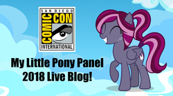 Size: 1500x833 | Tagged: safe, oc, oc:spotlight splash, pegasus, pony, equestria daily, ^^, eyes closed, female, mare, pegasus oc, raised hoof, san diego comic con, sdcc 2018, squee, text