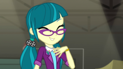 Size: 1280x718 | Tagged: safe, screencap, juniper montage, equestria girls, movie magic, spoiler:eqg specials, ^^, adorkable, baubles, blazer, bracelet, clothes, cute, dork, eyes closed, female, glasses, grin, hair tie, jewelry, junibetes, pigtails, shirt, smiling, solo, twintails