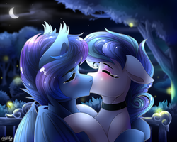 Size: 5000x4000 | Tagged: safe, artist:sparklyon3, oc, oc only, bat pony, earth pony, pony, rcf community, commission, female, kissing, male, night, oc x oc, shipping, straight