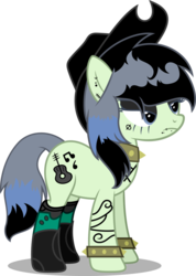 Size: 753x1060 | Tagged: safe, artist:dashiesparkle, oc, oc only, oc:southern gothic, earth pony, pony, icey-verse, boots, choker, clothes, cowboy boots, cowboy hat, dyed mane, ear piercing, earring, eyeshadow, face tattoo, female, hat, jewelry, lip piercing, magical lesbian spawn, makeup, mare, next generation, offspring, parent:beauty brass, parent:fiddlesticks, parents:fiddlebrass, piercing, shoes, simple background, socks, solo, spiked choker, spiked wristband, tattoo, transparent background, unamused, vector, wristband