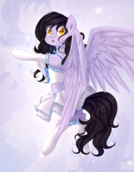 Size: 1620x2079 | Tagged: source needed, safe, artist:pony-ellie-stuart, oc, oc only, oc:tail, pegasus, pony, beautiful, clothes, cute, freckles, looking at you, looking back, looking back at you, magical girl, moe, signature, skirt, socks, solo, starry eyes, stockings, thigh highs, wing fluff, wingding eyes, ych result