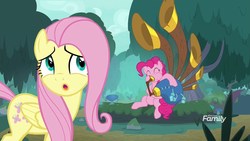 Size: 1920x1080 | Tagged: safe, screencap, fluttershy, pinkie pie, earth pony, pegasus, pony, g4, my little pony: friendship is magic, yakity-sax, discovery family logo, duo, female, forest, mare, musical instrument, playing instrument, yovidaphone