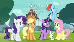 Size: 1920x1080 | Tagged: safe, screencap, angel bunny, applejack, fluttershy, rainbow dash, rarity, twilight sparkle, alicorn, pony, g4, yakity-sax, discovery family logo, twilight sparkle (alicorn)