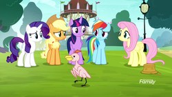 Size: 1920x1080 | Tagged: safe, screencap, applejack, fluttershy, rainbow dash, rarity, twilight sparkle, alicorn, bird, pony, g4, yakity-sax, discovery family logo, twilight sparkle (alicorn)