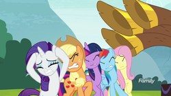 Size: 1920x1080 | Tagged: safe, screencap, applejack, fluttershy, rainbow dash, rarity, twilight sparkle, alicorn, pony, g4, yakity-sax, discovery family logo, twilight sparkle (alicorn), yovidaphone