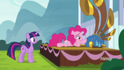 Size: 1920x1080 | Tagged: safe, screencap, pinkie pie, twilight sparkle, alicorn, earth pony, pony, g4, yakity-sax, bedroom eyes, discovery family logo, duo, female, lying down, mare, twilight sparkle (alicorn), yovidaphone