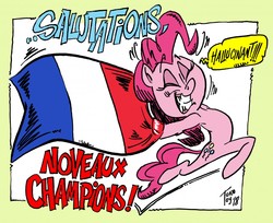 Size: 1280x1043 | Tagged: safe, artist:grotezco, pinkie pie, earth pony, anthro, unguligrade anthro, g4, congratulations, eyes closed, french flag, skipping, smiling, world cup 2018