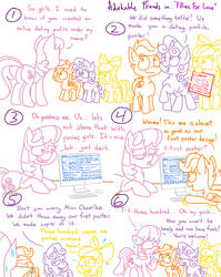 Size: 1280x1611 | Tagged: safe, artist:adorkabletwilightandfriends, apple bloom, cheerilee, scootaloo, sweetie belle, earth pony, pegasus, pony, unicorn, comic:adorkable twilight and friends, g4, adorkable friends, apple bloom's bow, bow, butt, comic, computer, cutie mark crusaders, dating, dating profile, female, filly, funny, hair bow, humor, lineart, love, nervous, plot, poster, romance, scared, shipper on deck