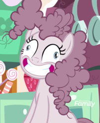 Size: 871x1078 | Tagged: safe, screencap, pinkie pie, earth pony, pony, g4, yakity-sax, contemplating insanity, cropped, derp, discovery family logo, faic, female, grin, happy, mare, pinkamena diane pie, sitting, smiling, solo