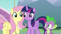 Size: 1920x1080 | Tagged: safe, screencap, fluttershy, spike, twilight sparkle, alicorn, dragon, pegasus, pony, g4, my little pony: friendship is magic, yakity-sax, cute, discovery family logo, female, looking at each other, male, mare, raised hoof, shyabetes, smiling, twiabetes, twilight sparkle (alicorn)