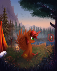 Size: 2615x3238 | Tagged: safe, oc, oc only, oc:rayven, alicorn, pony, alicorn oc, campfire, forest, high res, lake, male, mountain, narcissism, scenery, selfie, solo, tent, tree