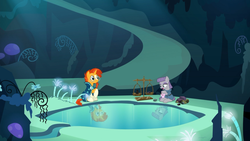 Size: 1366x768 | Tagged: safe, screencap, maud pie, sunburst, g4, uncommon bond, cave, cave pool, mirror pool, pebbles, scales, this will not end well