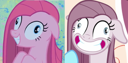 Size: 1388x682 | Tagged: safe, edit, edited screencap, screencap, pinkie pie, g4, party of one, yakity-sax, art evolution, comparison, contemplating insanity, derp, faic, grin, happiness, nightmare fuel, pinkamena diane pie, smiling