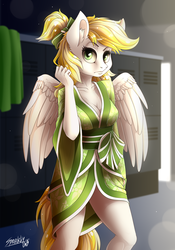 Size: 3500x5000 | Tagged: safe, alternate version, artist:sparklyon3, oc, oc only, oc:dandelion blossom, pegasus, anthro, rcf community, clothes, commission, solo, vaguely asian robe, ych result