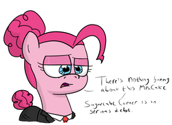 Size: 1329x973 | Tagged: safe, artist:moonatik, pinkie pie, earth pony, pony, g4, 30 minute art challenge, clothes, debt, eyeshadow, female, hair bun, implied cup cake, makeup, solo, suit, tail bun