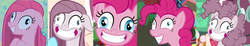 Size: 3672x676 | Tagged: safe, edit, edited screencap, screencap, pinkie pie, g4, party of one, ppov, yakity-sax, comparison, contemplating insanity, derp, faic, grin, happiness, happy, pinkamena diane pie, progression, smiling
