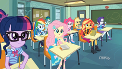 Size: 1366x768 | Tagged: safe, applejack, captain planet, fluttershy, pinkie pie, rainbow dash, rarity, sci-twi, sunset shimmer, twilight sparkle, equestria girls, g4, my little pony equestria girls: better together, the finals countdown, background human, canterlot high, class, female, geode of empathy, geode of fauna, geode of shielding, geode of sugar bombs, geode of super speed, geode of telekinesis, humane five, humane seven, humane six, magical geodes, male