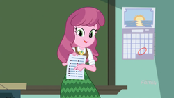 Size: 1366x768 | Tagged: safe, screencap, cheerilee, equestria girls, g4, my little pony equestria girls: better together, the finals countdown, calendar, female, smiling, solo, sun