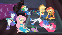 Size: 1366x768 | Tagged: safe, screencap, applejack, fluttershy, pinkie pie, rainbow dash, rarity, spike, spike the regular dog, sunset shimmer, dog, equestria girls, equestria girls series, g4, the finals countdown, balloon, converse, female, geode of empathy, geode of fauna, geode of sugar bombs, geode of super speed, geode of super strength, humane five, magical geodes, male, paws, shoes, tug of war