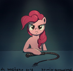 Size: 910x888 | Tagged: safe, artist:el-yeguero, pinkie pie, earth pony, pony, g4, female, looking at you, mare, serious, serious face, solo, whip