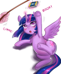 Size: 600x720 | Tagged: safe, artist:tzc, twilight sparkle, alicorn, human, pony, g4, adorkable, behaving like a cat, blushing, book, cat toy, cute, dialogue, dork, female, frog (hoof), glowing horn, horn, looking up, magic, mare, that pony sure does love books, twiabetes, twilight cat, twilight sparkle (alicorn), underhoof