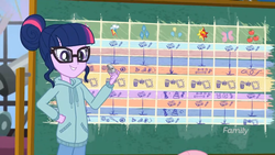 Size: 1366x768 | Tagged: safe, sci-twi, twilight sparkle, equestria girls, g4, my little pony equestria girls: better together, the finals countdown, female, glasses, schedule, smiling, solo