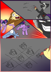 Size: 750x1066 | Tagged: safe, artist:somberjade, twilight sparkle, oc, oc:fallenlight, alicorn, pony, comic:curse and madness, g4, armor, claws, cloak, clothes, comic, creepy, creepy smile, cultist, etching, fangs, female, gauntlet, helmet, hooded cape, male, mare, mlpcam, no dialogue, smiling, stallion, tic tac toe, toothy grin, twilight sparkle (alicorn)