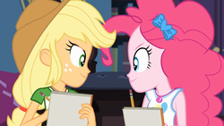 Size: 1366x768 | Tagged: safe, applejack, pinkie pie, equestria girls, g4, my little pony equestria girls: better together, the finals countdown, >:), confident, geode of sugar bombs, looking at each other, smiling, smirk