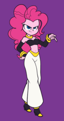 Size: 1700x3200 | Tagged: safe, artist:khuzang, pinkie pie, android, genie, equestria girls, g4, >:), android 21, belly button, belt, bracelet, clothes, cosplay, costume, djinn, dragon ball, dragon ball fighterz, evil grin, female, jewelry, majin, majin android 21, midriff, necklace, pants, purple background, shoes, simple background, smiling, smirk, solo