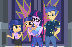 Size: 4560x2997 | Tagged: safe, artist:velveagicsentryyt, flash sentry, sci-twi, twilight sparkle, oc, oc:galaxy swirls, oc:velvet sentry, equestria girls, g4, adult, clothes, female, flash hunktry, glasses, lipstick, male, offspring, older, older flash sentry, older sci-twi, older twilight, pants, parent:flash sentry, parent:twilight sparkle, parents:flashlight, ship:flashlight, ship:sci-flash, shipping, shirt, straight