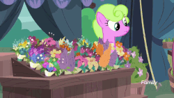 Size: 600x338 | Tagged: source needed, safe, screencap, daisy, flower wishes, pinkie pie, earth pony, pony, g4, yakity-sax, animated, dead flowers, decaying, depressed, discovery family logo, duo, female, flat mane, flower, mare, pinkamena diane pie, withering