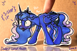 Size: 1123x749 | Tagged: safe, artist:darkest-lunar-flower, princess luna, alicorn, human, pony, g4, adorable distress, back fluff, blushing, cheek fluff, crying, cute, ear fluff, embarrassed, fangs, female, finger, frown, hand, hoof fluff, irl, jewelry, mare, necklace, onomatopoeia, open mouth, paper child, petting, photo, reflection, scratching, solo focus, stuttering, tsundere, tsunderuna, unshorn fetlocks, wide eyes, wing fluff