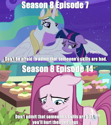 Size: 1920x2160 | Tagged: safe, edit, edited screencap, screencap, pinkie pie, princess celestia, twilight sparkle, alicorn, pony, g4, horse play, yakity-sax, contradiction, moral, op is a duck, op is wrong, pinkamena diane pie, twilight sparkle (alicorn)