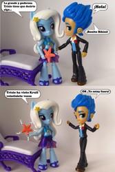 Size: 902x1349 | Tagged: safe, artist:whatthehell!?, flash sentry, trixie, equestria girls, g4, chair, clothes, doll, equestria girls minis, eqventures of the minis, irl, krull, photo, ponied up, sandals, sarong, spanish, stars, swimsuit, toy, tuxedo