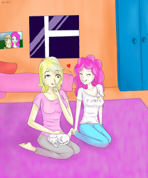 Size: 1500x1800 | Tagged: safe, artist:marie-tea-chan, derpy hooves, pinkie pie, human, g4, bed, bedroom, clothes, derpypie, female, hair, humanized, lesbian, love, night, room, shipping