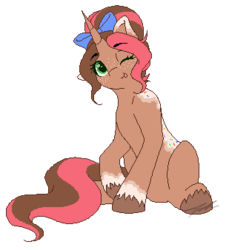 Size: 309x338 | Tagged: safe, artist:mindlesssketching, oc, oc only, oc:tia cakes, pony, unicorn, female, mare, one eye closed, pixel art, simple background, solo, transparent background, wink