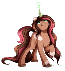Size: 1024x1116 | Tagged: safe, artist:mindlesssketching, oc, oc only, oc:tia cakes, pony, unicorn, female, glowing horn, horn, looking up, magic, mare, raised hoof, simple background, solo, transparent background, unshorn fetlocks